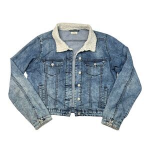 Blue Asphalt Lightweight Denim Trucker Jean Jacket Faux Sherpa Collar Lg Juniors